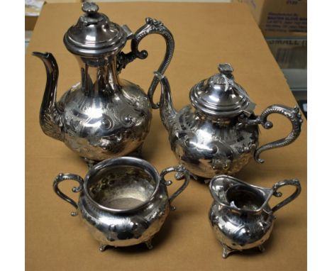 A Victorian electro-plate four piece tea and coffee service, comprising coffee pot, tea pot, sugar bowl and cream jug, decora