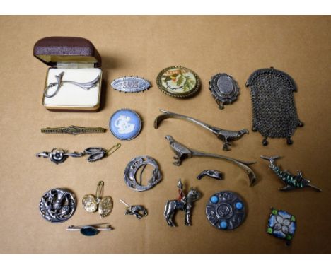 Jewellery - a silver and enamel brooch; silver charms; a Wedgwood brooch; gold coloured cufflink; Chrystofle type knife rests