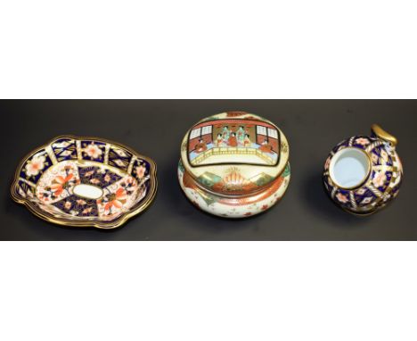 A Royal Crown Derby Imari pattern miniature salt pig; another, trinket dish; a mid century Japanese jar and cover (3)