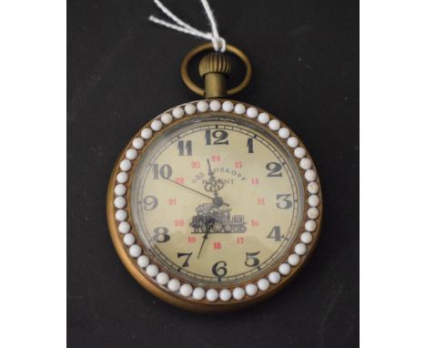 A pocket watch, white beaded, bearing a portrait of a young female