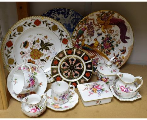 A Royal Crown Derby 1128 pattern 16cm plate; other plates, Olde Avesbury, Asian Rose, etc; Derby Posies jugs, preserve jar an