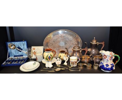 Ceramics and Metalware - a Barker Ellis plated four piece tea and coffee service; an oval gallery tray; flatware; crested chi