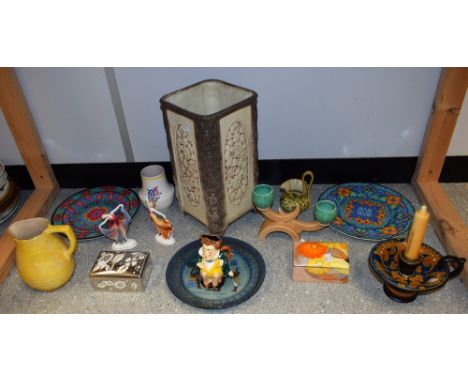 A Gouda Pottery chamberstick; Gray's Pottery boxes; a pair of Katzhütte ceramic dancing ladies; Royal Doulton geometric patte
