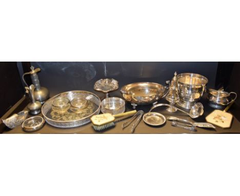 Silver and Silver Plate - a Continental silver windmill, faint marks; EPNS three piece tea service; sugar caster; coasters; c