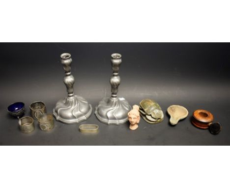 Boxes and Objects - a pair of late 19th century pewter candlesticks; 830 silver napkin ring; Roman pottery oil lamp; etc