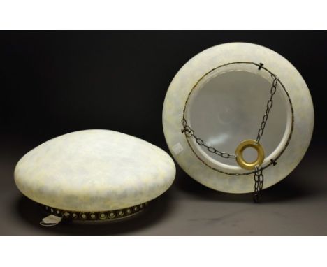 A pair of mottled glass ceiling light shades, gilt metal mount and chains (2)