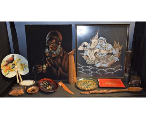 An African tribal hardwood carving; a similar anteater; an Indonesian print; an enamel dish; an Edward VII coronation 1902 so