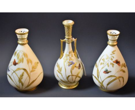 Royal Worcester - a pair of blush ivory tapering bud vases, decorated with butterflies and grasses; another, conforming, twin