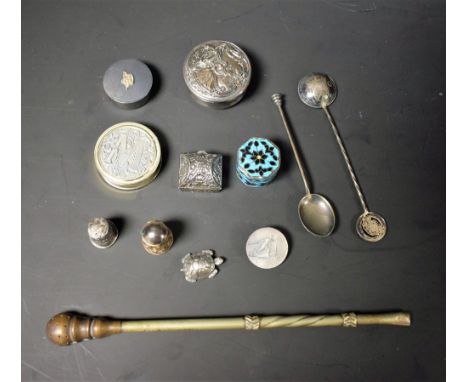 A silver thimble, hallmarked; a silver and enamel teaspoon, Birmingham 1974; a continental silver miniature chest, marked 925