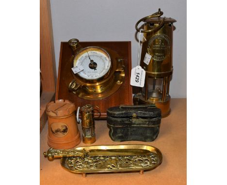 Boxes and Objects - a brass Eccles Type 6 miners safety lamp; another, miniature, Hucknall Colliery No.2; a Royal Mariner bar