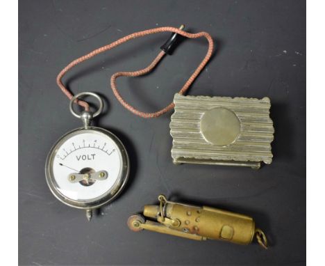 Boxes and Objects - a brass trench lighter; a plated snuff box; a voltmeter (3)