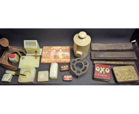 Boxes and Objects - an onyx eight piece desk suite; assorted tools; tins; an Ethophone Jnr box; etc