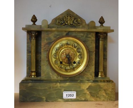 A late 19th century onyx and gilt metal mounted architectural mantel clock, 27.5cm high