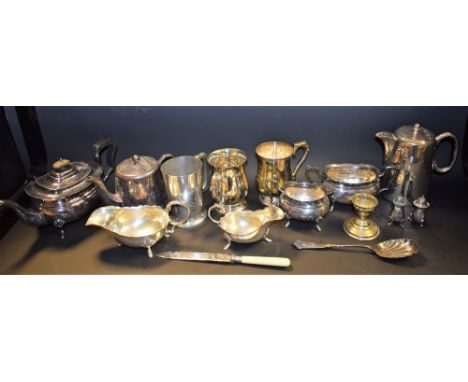 Silver Plate - a three piece tea service, sauce boat, etc