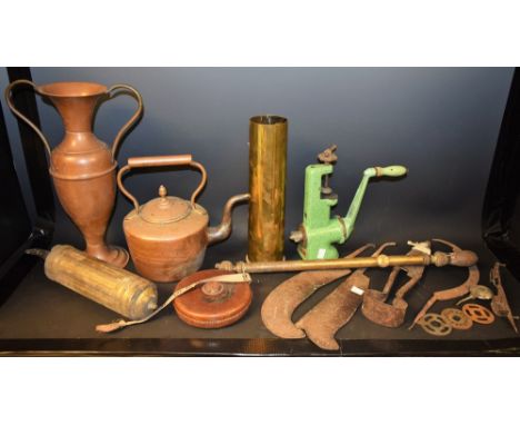 Kitchenalia and Tools - a vintage Harper green enamelled mincer; Lewis scales; wool shears; etc