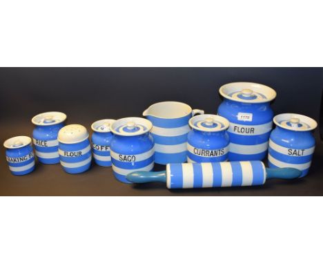 T. G. Green &amp; Co Cornish Ware - storage jars, including Flour, Currants, Sago, Baking Powder, etc; others, rolling pin, e