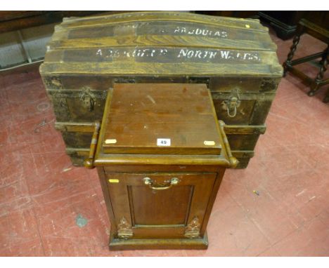 A dome topped vintage travel trunk with wood and iron banding and an oak twin handled coal bin with brass fittings