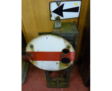 An antique cast iron railway signalling unit with interior paraffin burner, enamel swing directional arrow and 'No Entry' wit