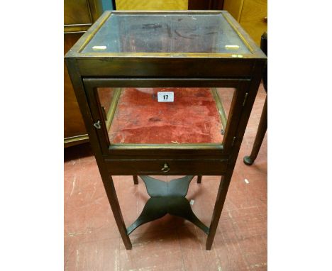 A 19th Century mahogany bijouterie cabinet with front opening door and drawer on square supports and shaped under tier shelf,