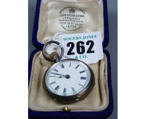 A lady's bright cut 800 silver encased fob watch with white enamel dial and Roman numerals