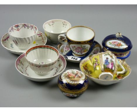 Three 18th Century tea bowls, two with saucers, all having hand painted floral decoration, two 19th Century cabinet cups and 