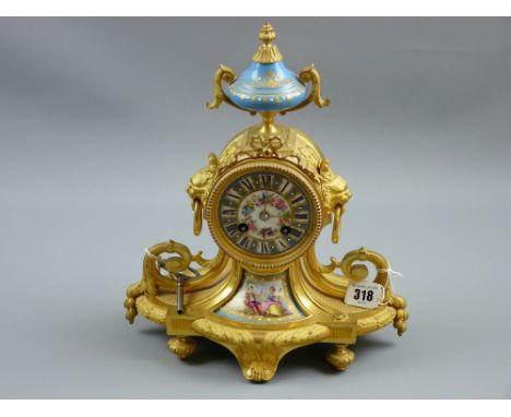 Japy Freres - a fine compact French ormolu mantel clock, the case marked 'Mourey' and having a circular porcelain floral dial