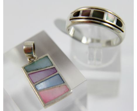 Sterling silver mother of pearl set ring and pendant