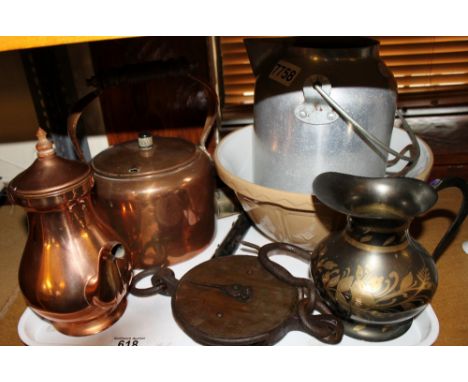 Tray of collectables including electric copper kettle, copper coffee pot scales etc