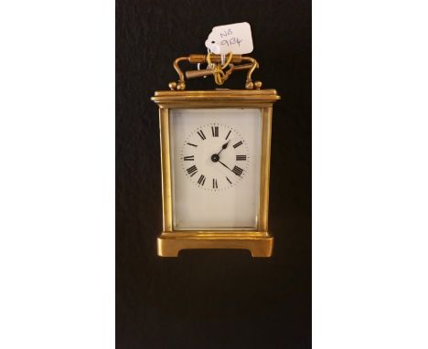 French brass mechanical carriage clock with key, glass A/F
