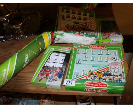 Selection of boxed Subbuteo playing figures, World Cup, England and Brazil and cloth pitch 