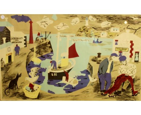 Stylised harbour print by Julian Trevelyan 1946, printed by The Baynard Press, framed, 75 x 48cm