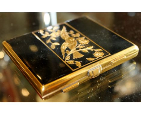 French enamelled powder compact, black enamel and gold plated bird and foliage design, L ~ 9cm