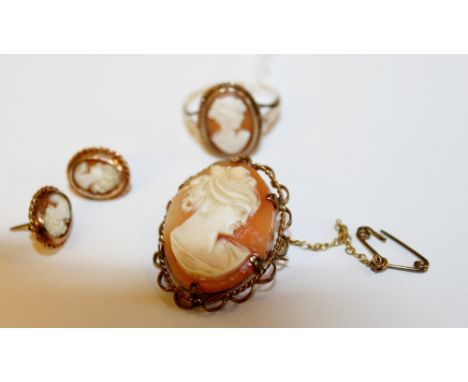 9ct gold cameo brooch, ring and earrings