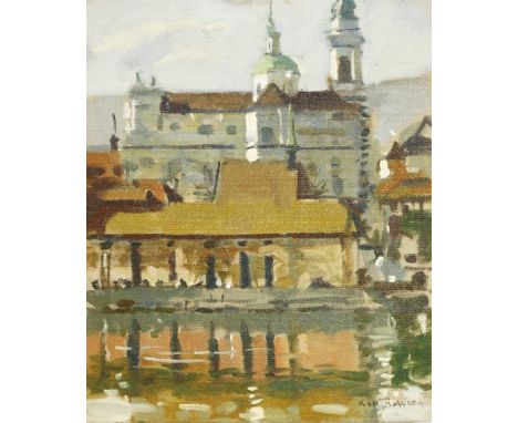 *Ken Howard RA (b.1932)'EVENING LIGHT - ST URSEN CATHEDRAL AT SOLOTHURN'Signed l.r., oil on canvas board30 x 25cm, unframed*A