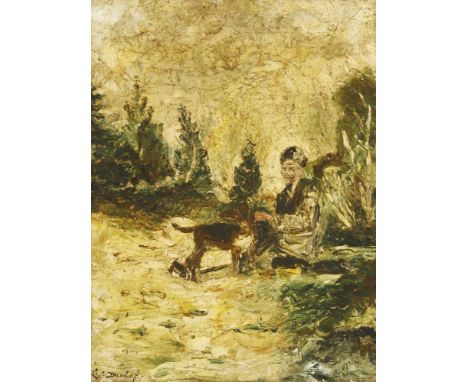 *Ronald Ossory Dunlop RA (1894-1973)A WOMAN SEATED WITH A DOGSigned l.l., oil on canvas46 x 36cm, unframed*Artist's Resale Ri