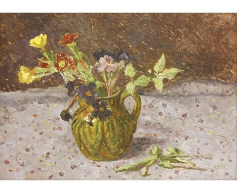 *Carolyn Sergeant (1937-2018)PRIMROSE AND VIOLA;GERANIUM Two, signed with initials and dated '93 and '90 l.r., oil on card20 