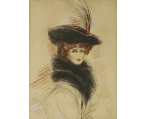 Paul César Helleu (French, 1859-1927)PORTRAIT OF A LADY, HALF LENGTH IN A FUR STOLE AND FEATHERED HATSigned l.l., coloured ch