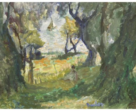 *Ronald Ossory Dunlop RA (1894-1973)A SEATED FIGURE IN A WOODED LANDSCAPESigned l.r., oil on canvas38 x 46cm*Artist's Resale 