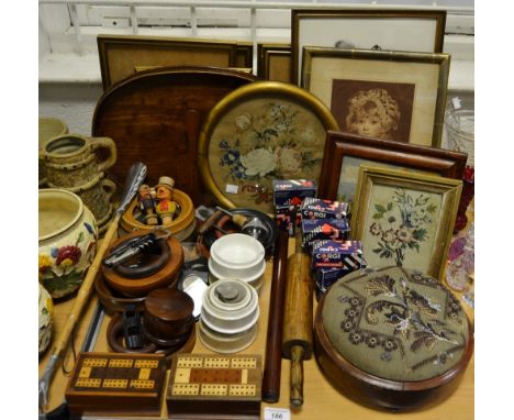 Treen - various Prattware top-lid frames; a Victorian Cribbage board, markers and cards; another; an unusual solitaire board 