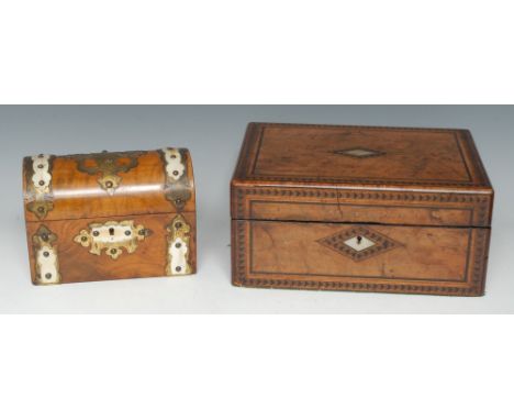 A Victorian walnut and marquetry rectangular lady's work box, hinged cover enclosing a lift-out try and a fitted interior, ve