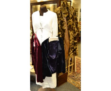 Ladies  Clothing - vintage wedding dress and veil; a red velvet jacket; another, blue;  faux fur coat