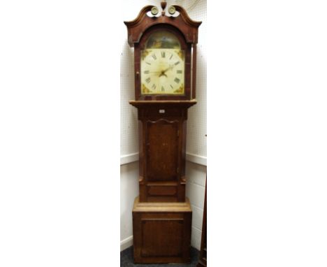 A long case by Hallam Nottingham arched painted dial Roman numerals, date ring oak case (pendulum, no weights)