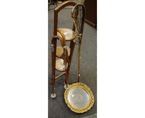 An oak cake stand, c.1930; two shooting sticks; lacrosse stick; mirror (4)