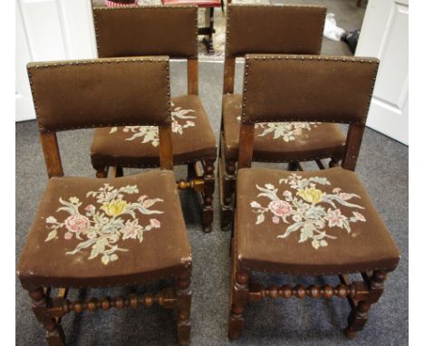 Four oak dining chairs, tapestry back and seat, bobbin turned stretcher.