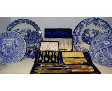 Silver Plate - a Christopher Johnson & Co. Sheffield  three piece antler hafted carving set, boxed; another unboxed; cased fi