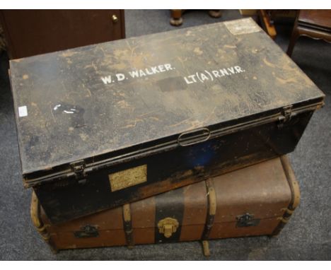 A metal travel trunk inscribed W.D.Walker LT(A)R.N.V,R ; another, wood bound (2)