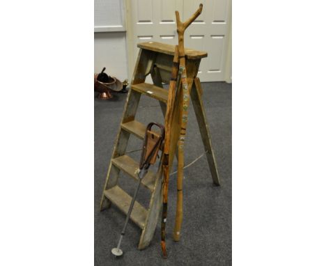 A set of vintage step ladders;  a shooting stick;  walking sticks