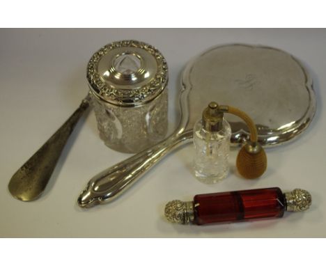 A Victorian silver and ruby glass double scent bottle c.1880; a Victorian shoe horn; a silver topped powder jar; etc (4)