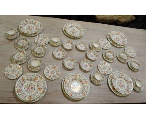 A Minton Haddon Hall part tea and dinner service for six, cups, saucers, coupes, side plates, dinner plates, soup bowls etc.