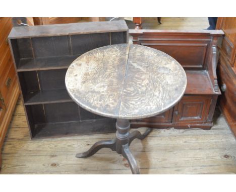 An Oak tripod table, Pine shelves and a Mahogany cabinet